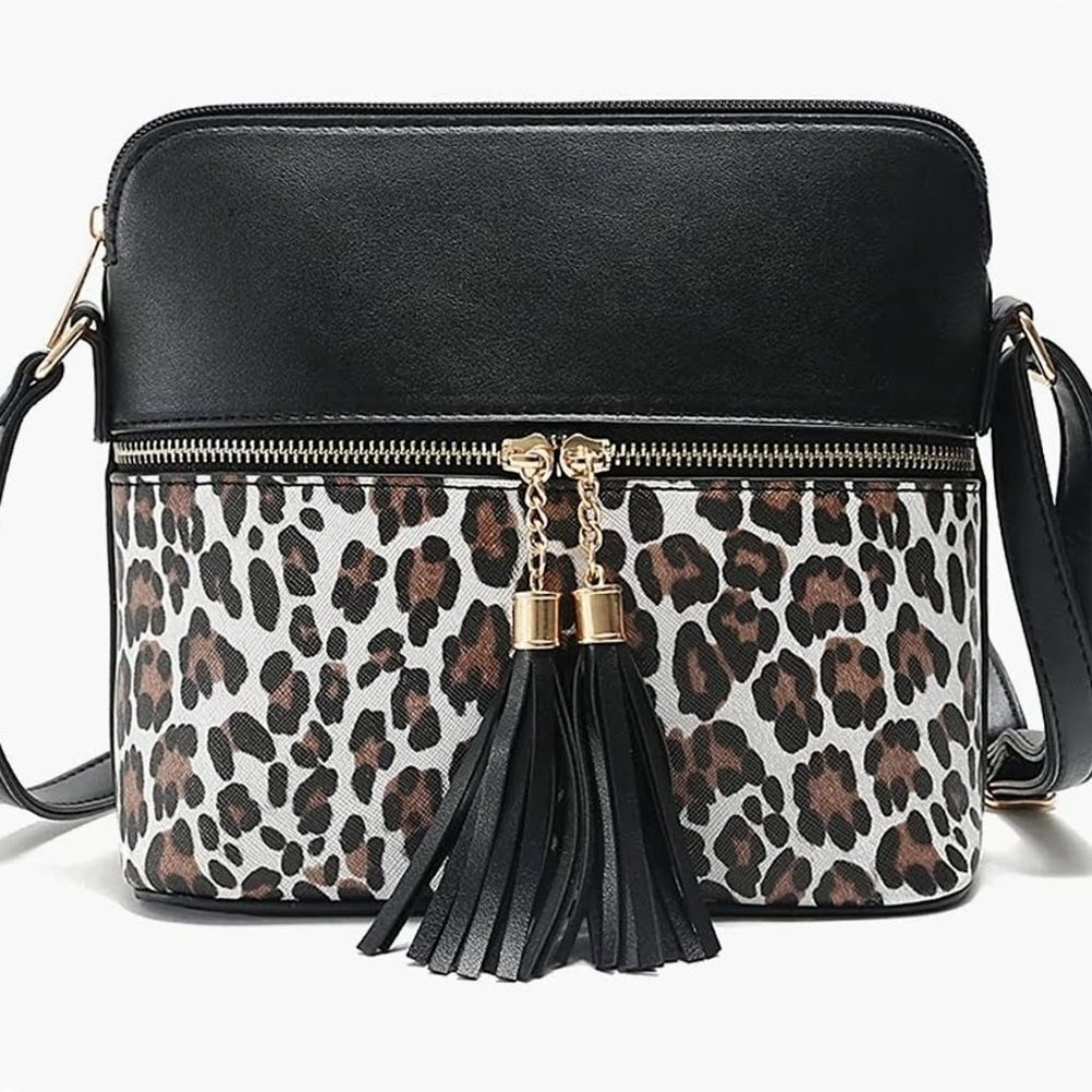 Crossbody Shoulder Black/Leopard Double Tassel Bag